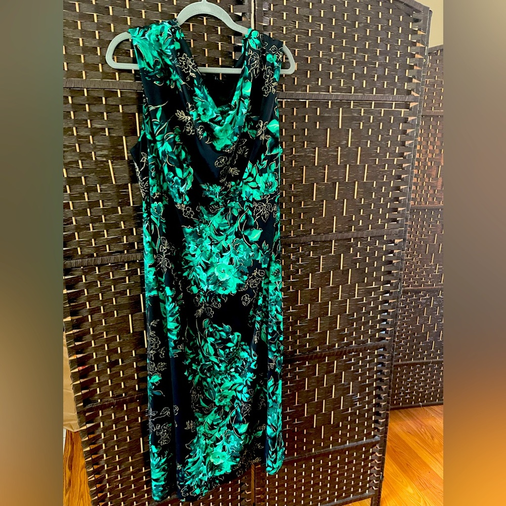 Dark green , rose accent dress.